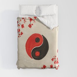 Yin Yang and Sakura Red Blossom Duvet Cover