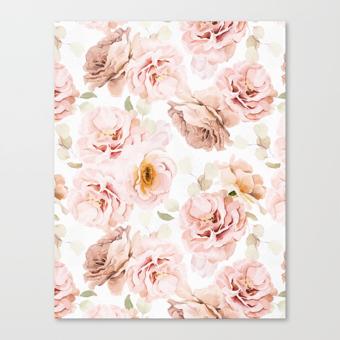 Blush Peonies And Roses Spring Watercolor Garden Canvas Print