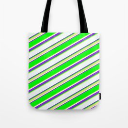 [ Thumbnail: Lime, Tan, Mint Cream & Purple Colored Lined Pattern Tote Bag ]