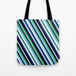 [ Thumbnail: Eye-catching Sea Green, Light Sky Blue, Mint Cream, Midnight Blue, and Black Colored Lined Pattern Tote Bag ]