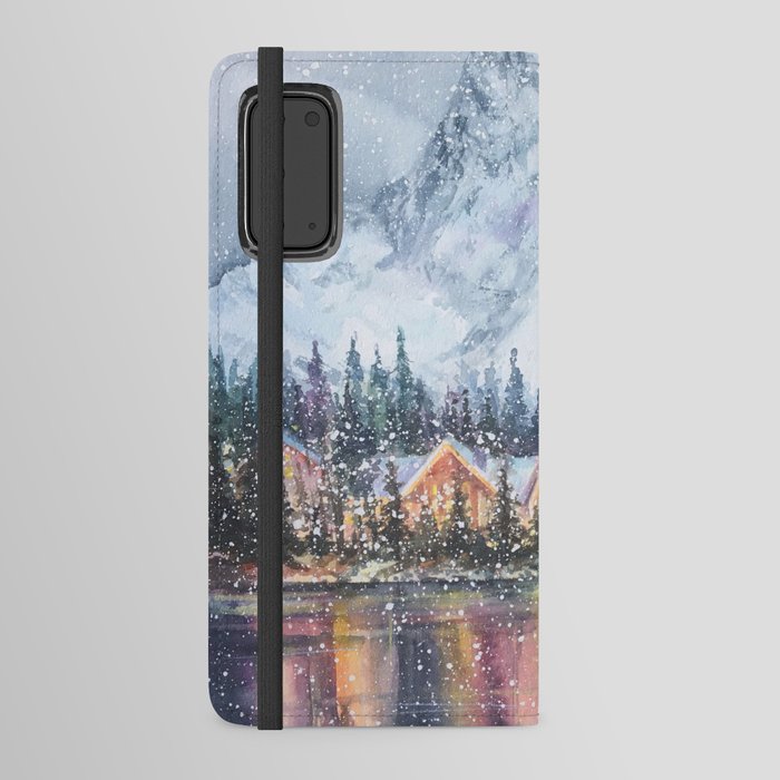 Enchanting Snowy Log Cabin Alpine Lake Android Wallet Case