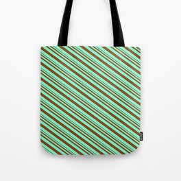 [ Thumbnail: Brown & Aquamarine Colored Lines/Stripes Pattern Tote Bag ]