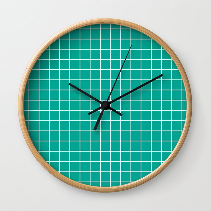 Persian green - green color - White Lines Grid Pattern Wall Clock
