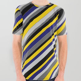 [ Thumbnail: Vibrant Light Gray, Dim Gray, Black, Yellow, and Midnight Blue Colored Stripes Pattern All Over Graphic Tee ]