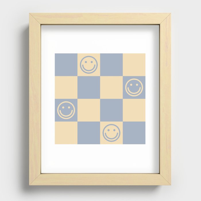 Cute Smiley Faces on Checkerboard \\ Neutral Color Palette Recessed Framed Print