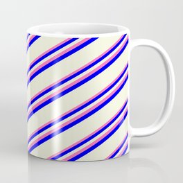 [ Thumbnail: Hot Pink, Blue, and Beige Colored Striped Pattern Coffee Mug ]