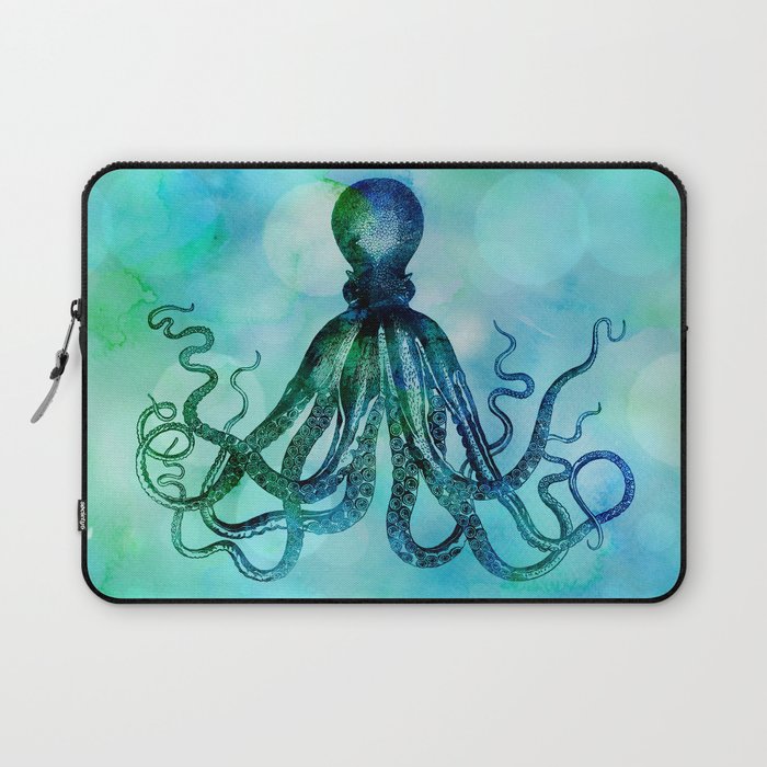 Octopus blue green mixed media underwater artwork Laptop Sleeve