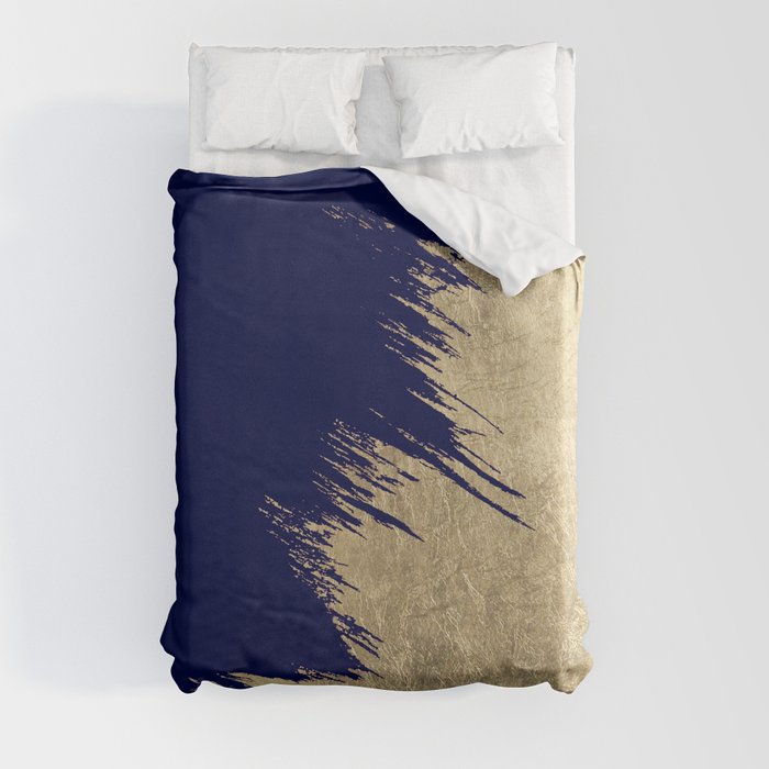 Navy blue abstract faux gold brushstrokes Duvet Cover