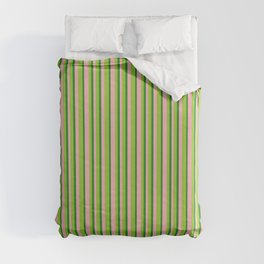 [ Thumbnail: Light Pink, Green & Forest Green Colored Lines Pattern Duvet Cover ]