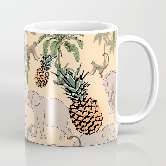 Tropical fruit and animal pattern elephants, monkeys, palm tree and pineapple Coffee Mug