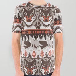 Fair isle knitting grey wolf // oak and taupe brown wolves orange moons and pine trees All Over Graphic Tee