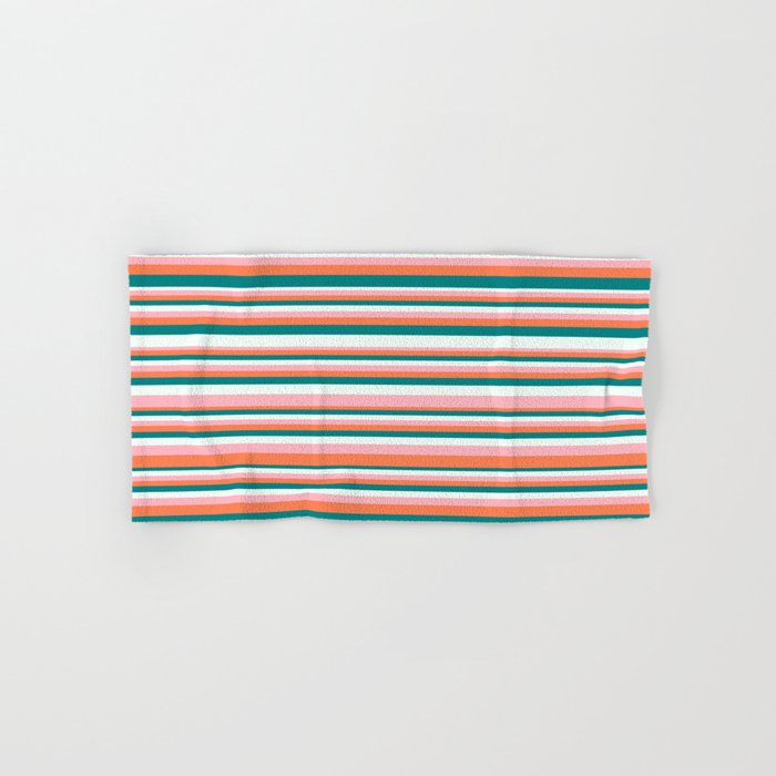 Teal, Mint Cream, Light Pink, and Coral Colored Lines/Stripes Pattern Hand & Bath Towel