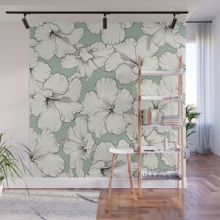 Blooming hibiscus seamless pattern Cameo Green PANTONE color Wall Mural