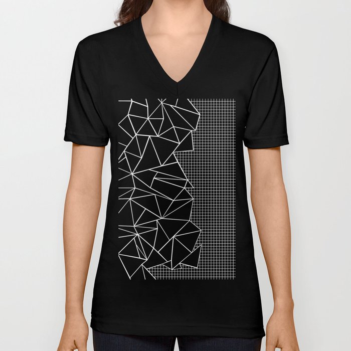 Abstract Grid Outline White on Black on Side V Neck T Shirt