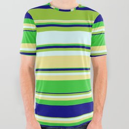 [ Thumbnail: Vibrant Green, Light Cyan, Tan, Lime Green & Blue Colored Stripes/Lines Pattern All Over Graphic Tee ]