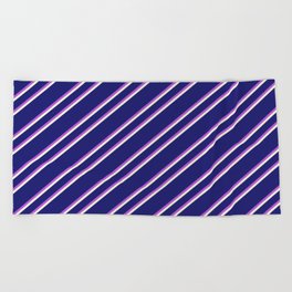[ Thumbnail: Midnight Blue, Orchid, and Beige Colored Lined Pattern Beach Towel ]