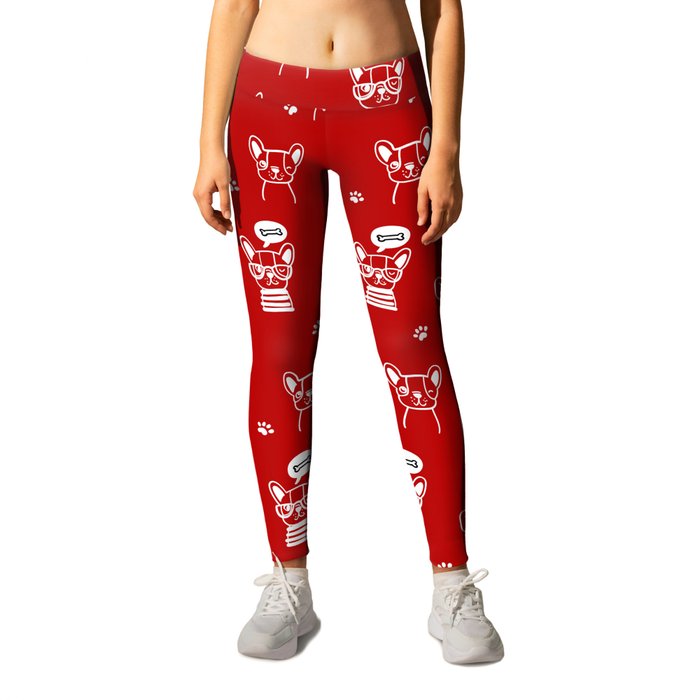 Red and White Hand Drawn Dog Puppy Pattern Leggings