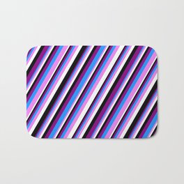 [ Thumbnail: Purple, Blue, Violet, White & Black Colored Stripes Pattern Bath Mat ]