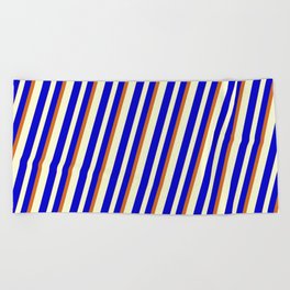 [ Thumbnail: Light Yellow, Blue & Chocolate Colored Lined/Striped Pattern Beach Towel ]