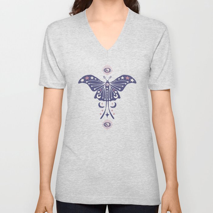 Mystical Lunar Moth Blue V Neck T Shirt