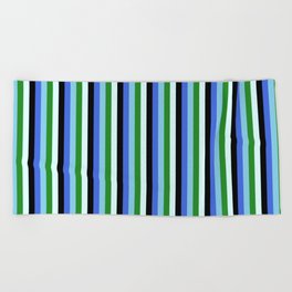 [ Thumbnail: Eyecatching Royal Blue, Sky Blue, Forest Green, Light Cyan, and Black Colored Lines/Stripes Pattern Beach Towel ]