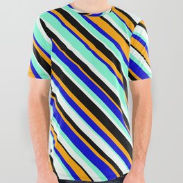 [ Thumbnail: Vibrant Mint Cream, Black, Orange, Blue & Aquamarine Colored Lined/Striped Pattern All Over Graphic Tee ]