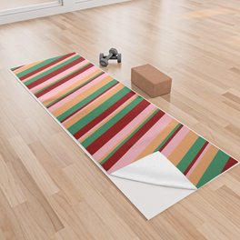 [ Thumbnail: Brown, Light Pink, Dark Red, and Sea Green Colored Lines/Stripes Pattern Yoga Towel ]