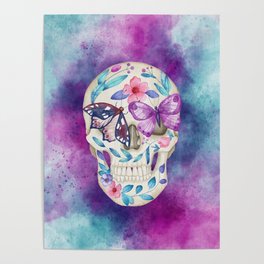 Watercolor Sugar Skull with Flowers & Butterflies Poster