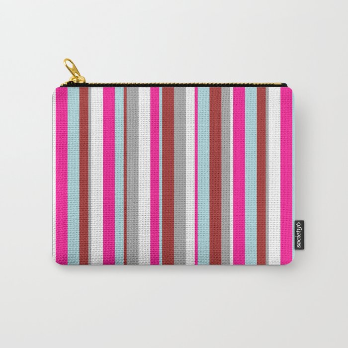 Eye-catching White, Dark Gray, Brown, Powder Blue & Deep Pink Colored Lines/Stripes Pattern Carry-All Pouch