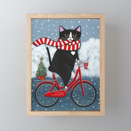 Winter Tuxedo Cat Bicycle Ride Framed Mini Art Print