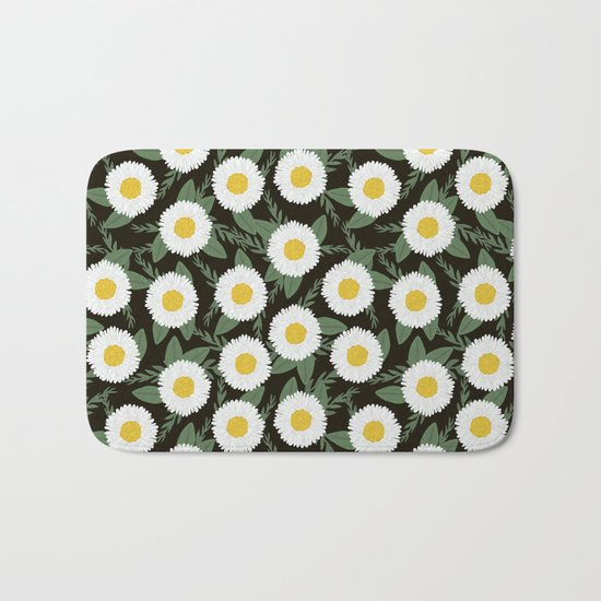 Daisies botanical floral print minimal flowers basic florals pattern charlotte winter dark Bath Mat