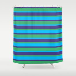 [ Thumbnail: Dark Slate Blue, Sea Green & Deep Sky Blue Colored Striped Pattern Shower Curtain ]