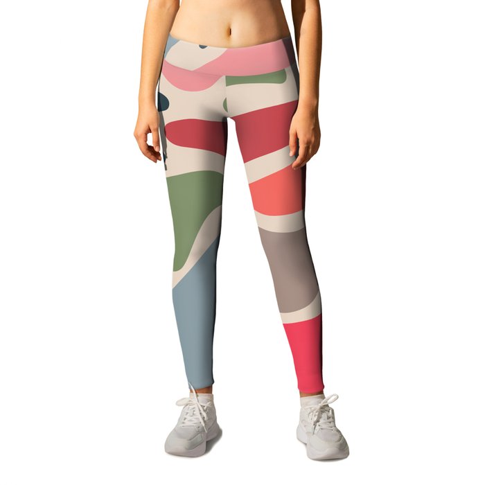 JUPITER Retro Mid-Century Modern Abstract with Big Red Spot in Vintage Colours Leggings