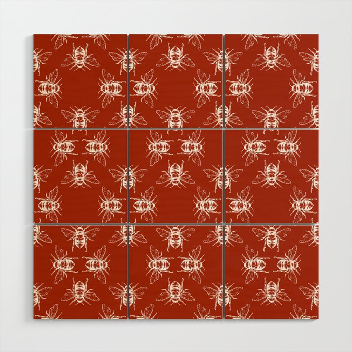 Nature Honey Bees Bumble Bee Pattern Red White Wood Wall Art