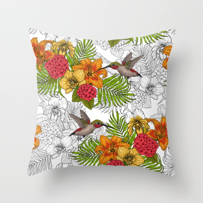 Hummingbirds and tropical bouquet Throw Pillow