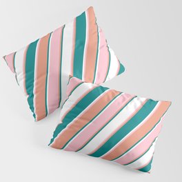 [ Thumbnail: Dark Salmon, Teal, White, and Pink Colored Lines/Stripes Pattern Pillow Sham ]