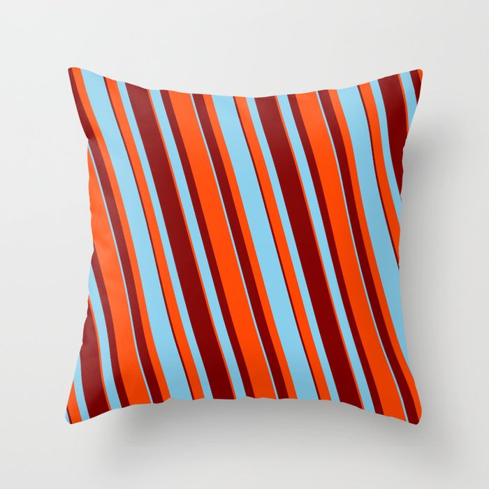 Sky Blue, Red, and Maroon Colored Pattern of Stripes Throw Pillow