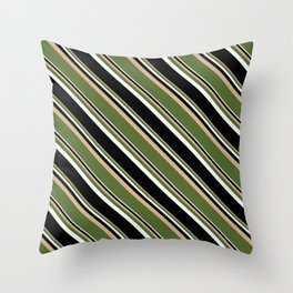 [ Thumbnail: Tan, Dark Olive Green, Mint Cream & Black Colored Stripes Pattern Throw Pillow ]