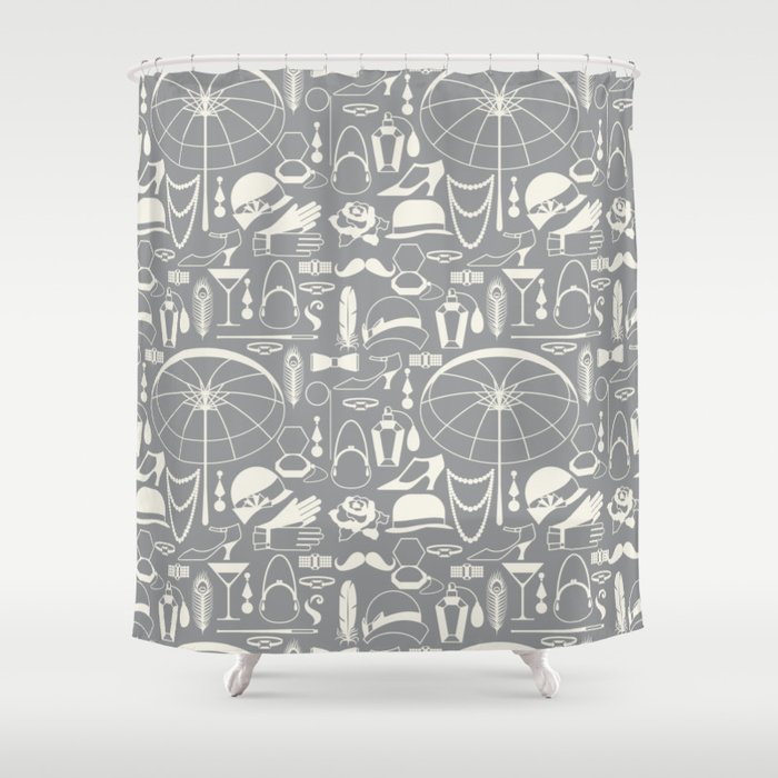 White Old-Fashioned 1920s Vintage Pattern on Silver Grey Shower Curtain