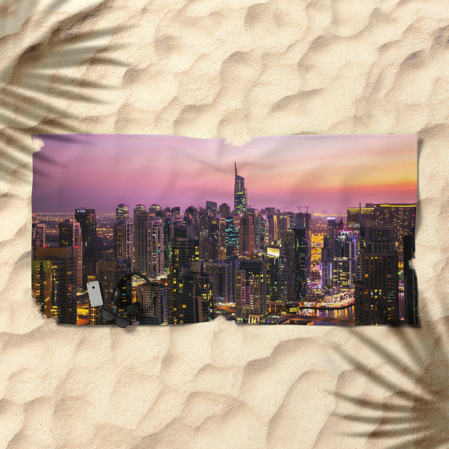 Skyline Jumeirah Lake Towers Dubai United Arab Emirates At Dusk Beach Towel