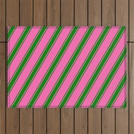 [ Thumbnail: Hot Pink and Green Colored Lined/Striped Pattern Outdoor Rug ]
