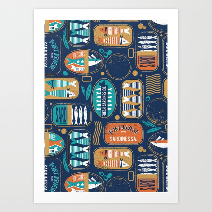 Vintage canned sardines // navy blue background peacock teal and gold drop orange cans  Art Print