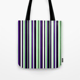 [ Thumbnail: Indigo, Light Green, White & Black Colored Stripes/Lines Pattern Tote Bag ]