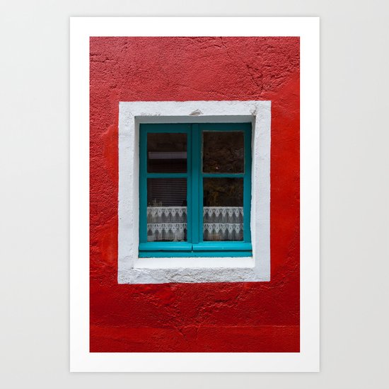 The blue window and the red wall Art Print