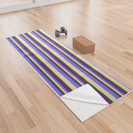 [ Thumbnail: Medium Slate Blue, Tan, Dark Green & Purple Colored Pattern of Stripes Yoga Towel ]