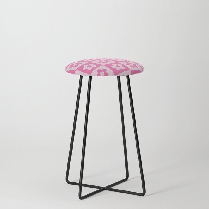 Hot Pink and White Retro Checkered Flower Pattern Counter Stool