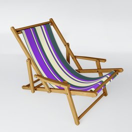 [ Thumbnail: Dark Slate Gray, Light Yellow, and Purple Colored Lines/Stripes Pattern Sling Chair ]
