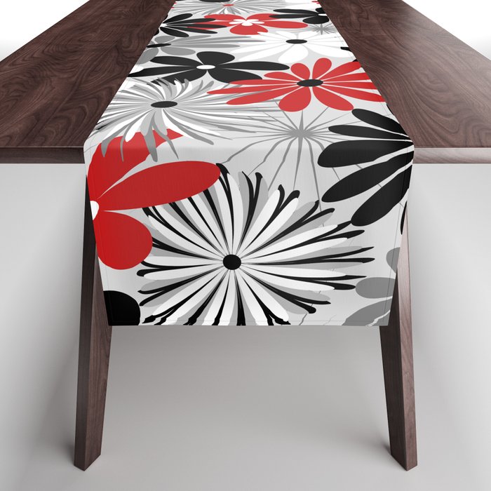 Funky Flowers in Red, Gray, Black and White Table Runner