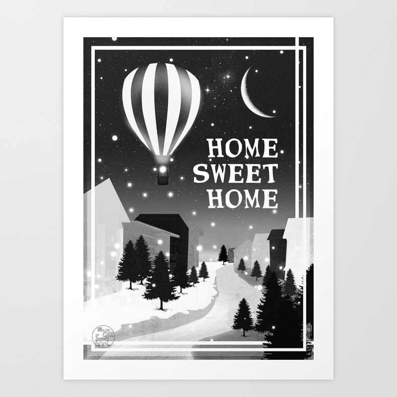 Hot Air Balloon Home Sweet Snowy Little Town Night Staroon Decor Christmas Spirit Art Print Hot Air Balloon Home Sweet Snowy Little Town Night Staroon Decor Christmas Spirit Art Print