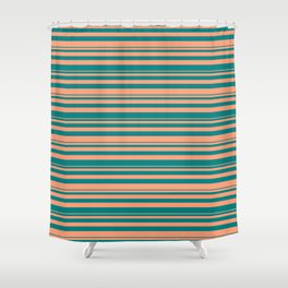 [ Thumbnail: Light Salmon & Teal Colored Stripes/Lines Pattern Shower Curtain ]
